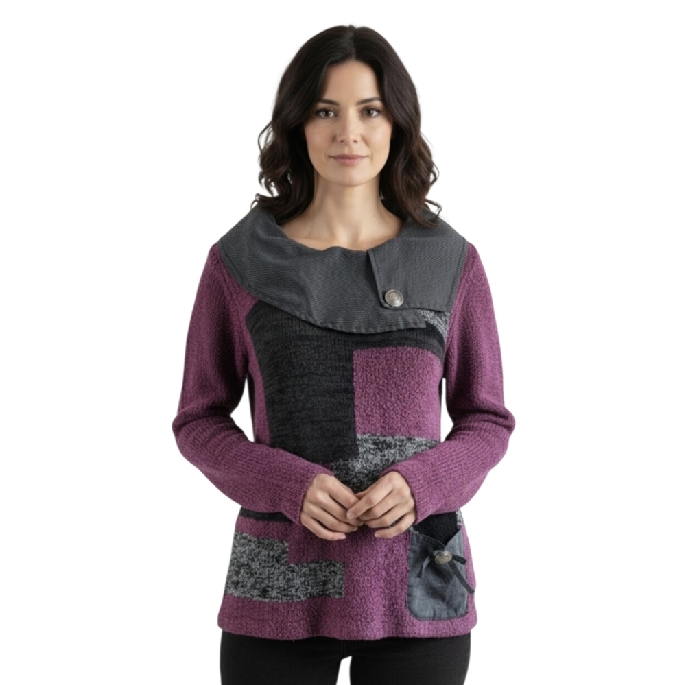 Emotions Mauve & Grey Textured Knit Sweater,Artistic Boho, patchwork top, Size M